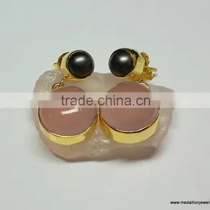 Pink Chalcedony & Black Pearl Cab Sterling Silver Vermeil Earrings, Fashionable Bezel Earrings, Designer 925 Silver Earrings thumbnail-1