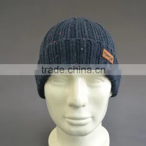 Acrylic Beanie Hat With PU Leather Patch Logo thumbnail-2