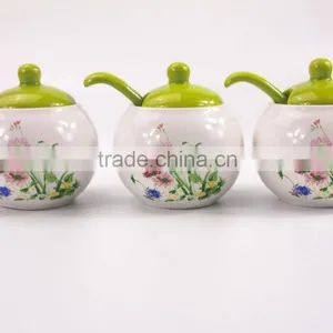 Set Of 3 White Flower Printed Round Ceramic Spice Container Spice Jar With Lid thumbnail-2