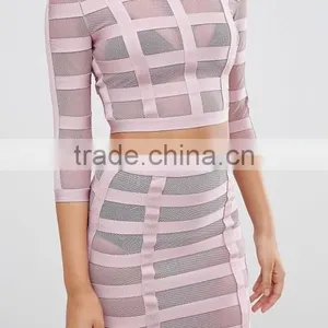 Bandage Mesh Women Long Sleeve Ctop Top and Pencil Skirt Ladies 2 Piece Skirt Sets thumbnail-5