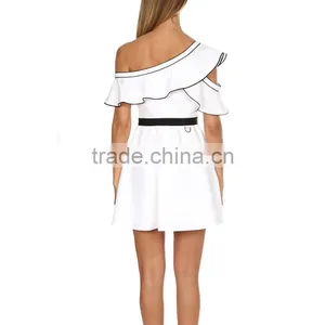 Asymmetrical Ruffle One Shoulder Contrast Pipping Short Dress thumbnail-5