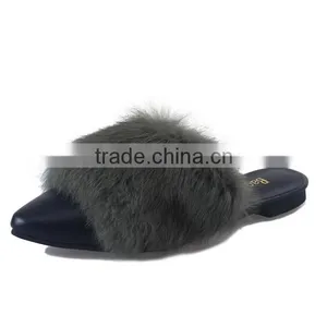2017 Spring and Autumn Flat With Pointed Rabbit Hair Slippers Baotou Flat Hair Plush Half Autumn Autumn New Lazy Slippers thumbnail-6