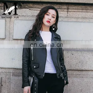Fashion Cool Zip Front Black Leather Jacket Woman / Real Sheep Skin Jacket Leather / Leather Motorcycle Jacket thumbnail-5