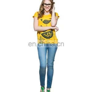 2015 New Arrival Wholesale Garments Customize Made Women Top Yellow Elegant Print Fashionable Hot T-shirt for Girls thumbnail-1