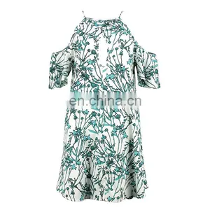 Woven Floral Spaghetti Straps Cold Shoulder Printed Women Mini Dress thumbnail-3