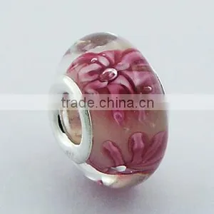 Vibrant Pink Flowers In Transparent Murano Glass Bead thumbnail-1