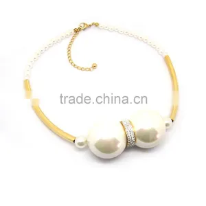 Stainless Steel Gold Tone Rhinestone Big Chunky Pearl Necklace thumbnail-2