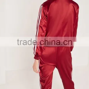 High Quality Custom Silk Flare Red Stripe Panel Satin Bomber Jacket Women Sports Gym Running Active Wear Clothing Set thumbnail-2