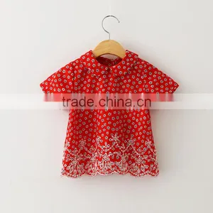 Hot Sale Turn-down Collar Floret Print Embroidery Fabric Baby Girls Top Design With Button thumbnail-1