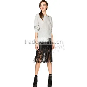 MGOO New Arrival OEM Services Women Black Faux Leather Midi Slinky Skirts With Tassels Bottom 15145A033 thumbnail-6