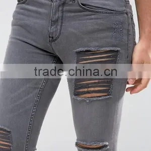 New Style Custom Men's Skinny Jeans Pants With Extreme Rips in Grey Wash thumbnail-5