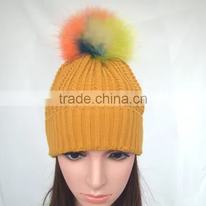 Myfur OEM Latest Women Ginger Ribbed Knitting Beanie Cap With Removable Pompom thumbnail-2