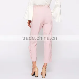 Frilled Women's Tailored Fitted Pants High Waist Pink Cropped Trousers thumbnail-5