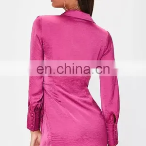 2017.ladies Casual Pink Satin Tie Side Collared Shift Dress Design thumbnail-4