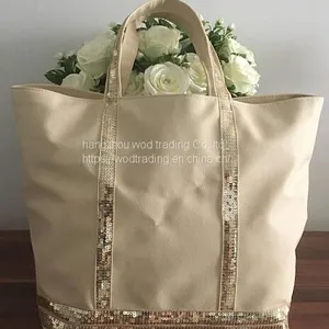 Beige Sequins Bags With Leather Tote Bag thumbnail-1