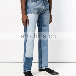 DiZNEW OEM Blue Cotton Straight Leg Patchwork Jeans For Men thumbnail-4