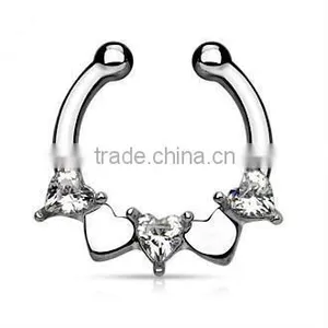 Sweet Heart CZ Crystal 316L Surgical Steel Fake Septum Clicker Nose Piercing Body Jewelry thumbnail-1