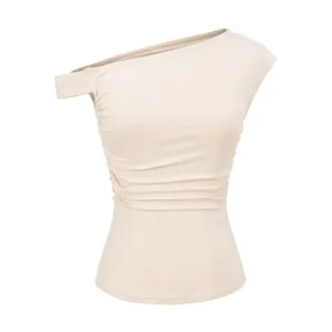 Sunset Women's Summer Vest 2025 Spring and Summer Design Sense Oblique Shoulder Fold Waist Irregular T-shirt Top Women thumbnail-1