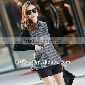 New Knit Stitching Loose Falbala Grid Women Mature Coat thumbnail-1