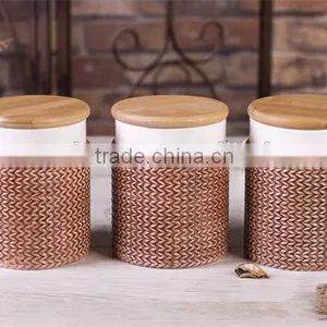 Brown Ceramic Tea Coffee Sugar Canisters Set With Bamboo Lid thumbnail-1