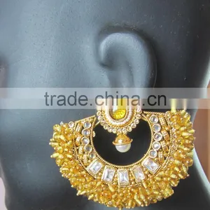 Anarkali Bollywood Beads Polki RAM LEELA Gold Tone Dangler EARRINGS thumbnail-4