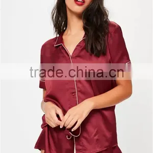 MGOO Hot Sale Custom Buttons Up Pyjamas Sets Short Sleeves Shirt And Bottom Satin Piped Moonnight Wear thumbnail-5