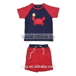Summer Organic 100% Cotton Cartoon Applique Short T-shirt Boy Clothes Sets thumbnail-1
