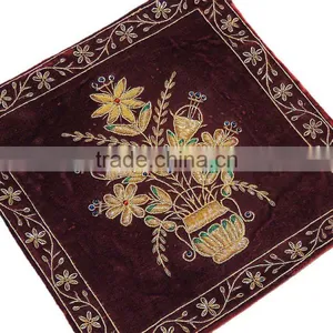 Beautiful Indian Couch Pillow Gold Zardozi Embroidered Unique Decorative Cushion thumbnail-2