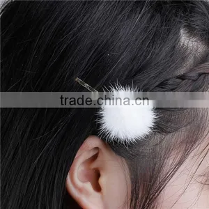 New Fashion White Pom Ball Gold Plated Sable Fur Hair Clips thumbnail-3