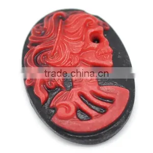 Red Resin Halloween Skull Pattern Oval Cameo 25x18mm(1"x3/4"), Sold per Packet of 50 thumbnail-1