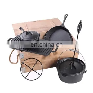 7 Pieces Cast Iron Camping Cookware Set Outdoor Campfire Cookware thumbnail-1