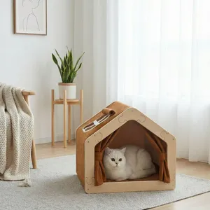 Solid Wood Pet House Cat Villa House for All Seasons Dog and Cat Pet Beds With Tent Semi-enclosed Insulation thumbnail-1
