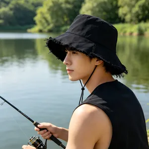 Unisex Vintage Fray Brim Bucket Hat Solid Color Cotton Outdoor Sun Hat Custom Print Logo Streetwear Fisherman Cap Bulk Supply thumbnail-1