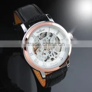 ESS Men's Black Leather Rose Golden Case Skeleton Hand-Wind Up Mechanical Watch WM203 thumbnail-1