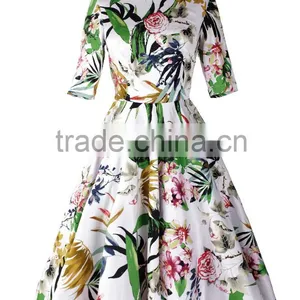 New Midi Half Sleeve Boat Neckline Peony Printed Cotton Flared Vintage Dress 50s thumbnail-2