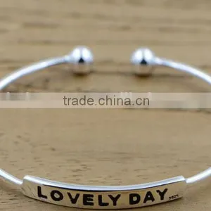 Custom Ball End Silver Signature Engravable Bar Cuff Bangle Bracelet thumbnail-2