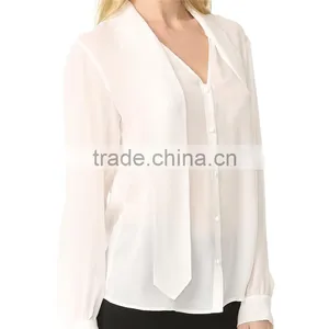 2017 OEM Casual Fine Beam Sleeve Silk Blouse With Neck Tie thumbnail-3