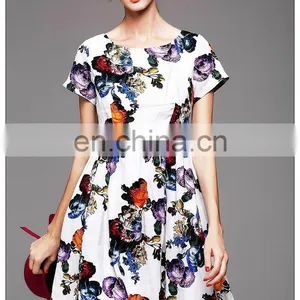 Ladies High Quality Short Sleeve Trendy Dress With Gathtering Waist Pretty Print Dress Fashion thumbnail-6