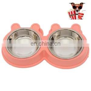 Cheap Wholesale Price Dropshipping 2 in 1 Stainless Steel Bowls, Anti-slippery Mat Cartoon Shape Detachable Pets Bowls (Pink) thumbnail-2