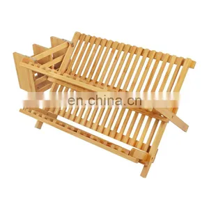2-Tier Collapsible Bamboo Drainer Dish Drying Rack Multipurpose Roll-Up Dish Drying Rack With Utensil Holder thumbnail-4