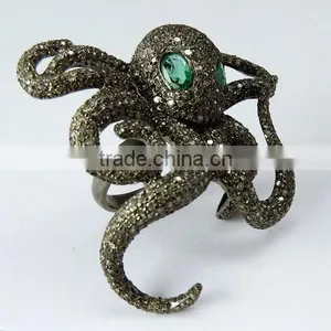 Popular Octopus Design !! Emerald & Diamond 925 Sterling Silver Ring, Online Silver Jewellery, Silver Jewellery thumbnail-1