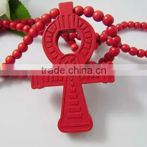 Wooden Cross Pendant With a 36 Inch Wood Beaded Necklace Chain thumbnail-1
