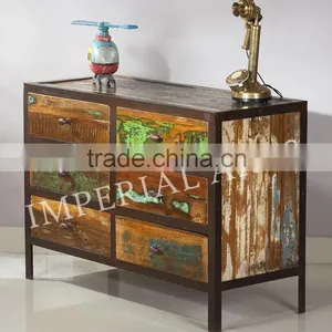 INDIAN IRON BASE RECYCLE WOOD 6 DRAWERS CHEST thumbnail-2