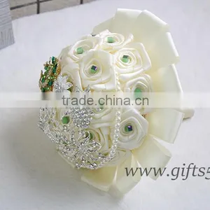Handmade Satin Roses Brooch Wedding Bouquets for Weddings thumbnail-3