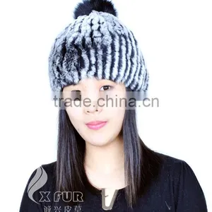 CX-C-58K Hand Knitted Genuine Rex Fur Beanie Hat With Fox Fur Ball thumbnail-3