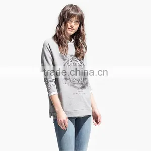 Tiger Printed Grey Womens Sweatshirts Without Hood Wholesale thumbnail-3
