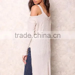 Popular High Quality Cold Beige Shoulder Knit Tops Sexy Off Asymmetric Sexy Party Sweaters thumbnail-4