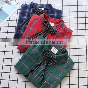 2-8 Years 2017 New Wholesale Autumn Cotton Full Sleeve Bow Plaid Girls Blouses thumbnail-1