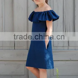 Wholesale Kid Clothing Elegant Summer Girls Dress Off Shoulder Ruffle Dusty Pink Linen Girl Child Dress thumbnail-3