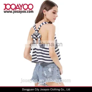 Fashion Women Ladies Black White Striped Back Bow Vest Tank Top thumbnail-1